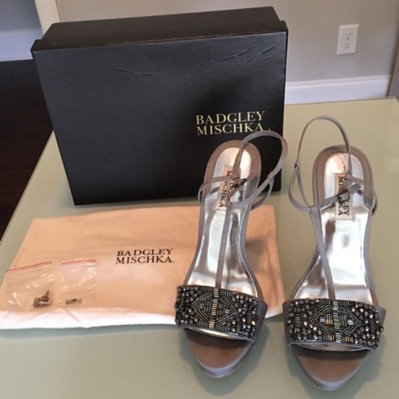 Badgley Mischka Amara Platform Crystal Beaded Ankle Strappy Heels Gray Satin - Picture 2 of 5